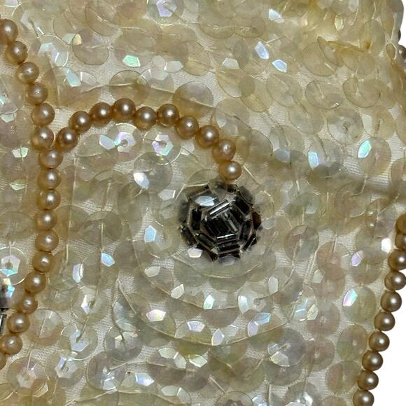 Vintage La Regale Ivory Beaded Sequin Evening Bag Purse - Mother of Pearl Inlay - Picture 3 of 9